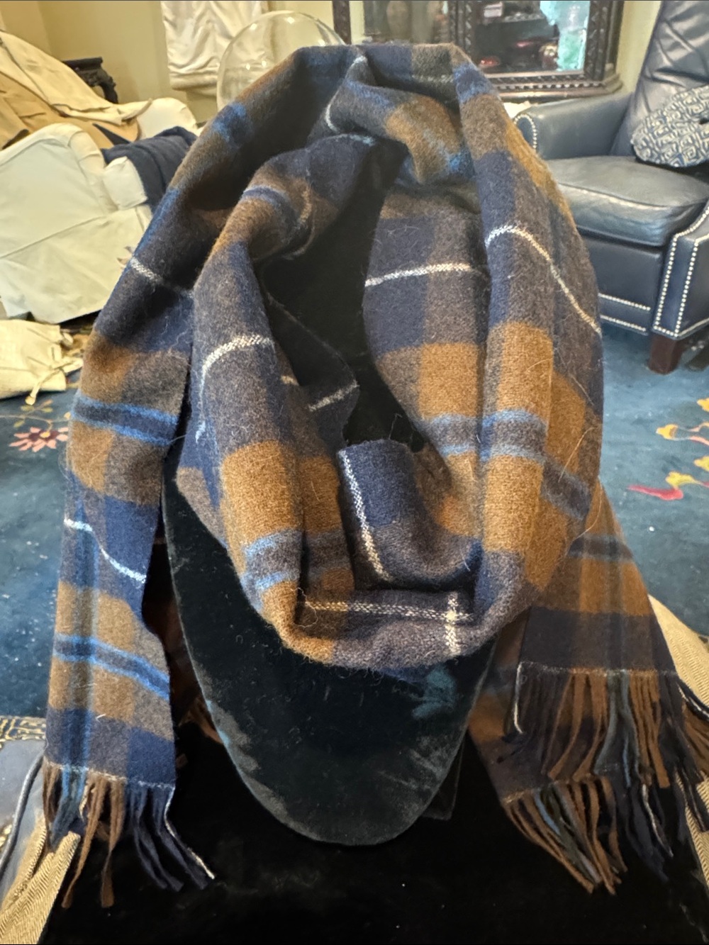 Vintage Pendleton Navy and Brown Tartan Plaid Wool Scarf/Muffler with Fringe